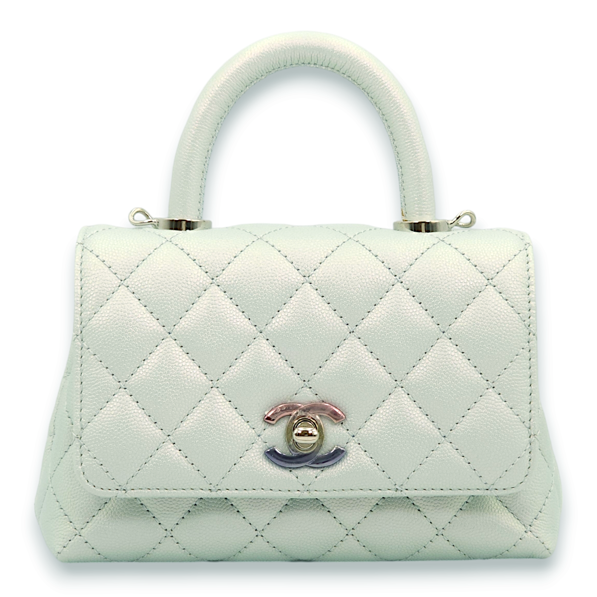 Quilted Coco Handle Mini Iridescent Icy blue Top Handle Bag in Caviar Leather, Pink,purple, silver hardware