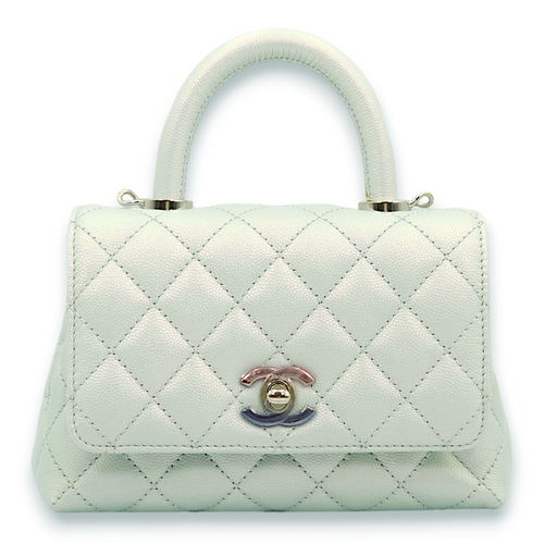 Quilted Coco Handle Mini Iridescent Icy blue Top Handle Bag in Caviar Leather, Pink,purple, silver hardware