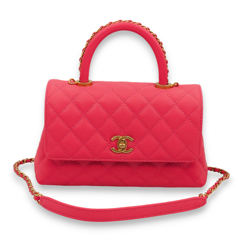 Quilted Coco Handle (Chained) Small Dark Pink Top Handle Bag in Caviar Leather, Gold hardware