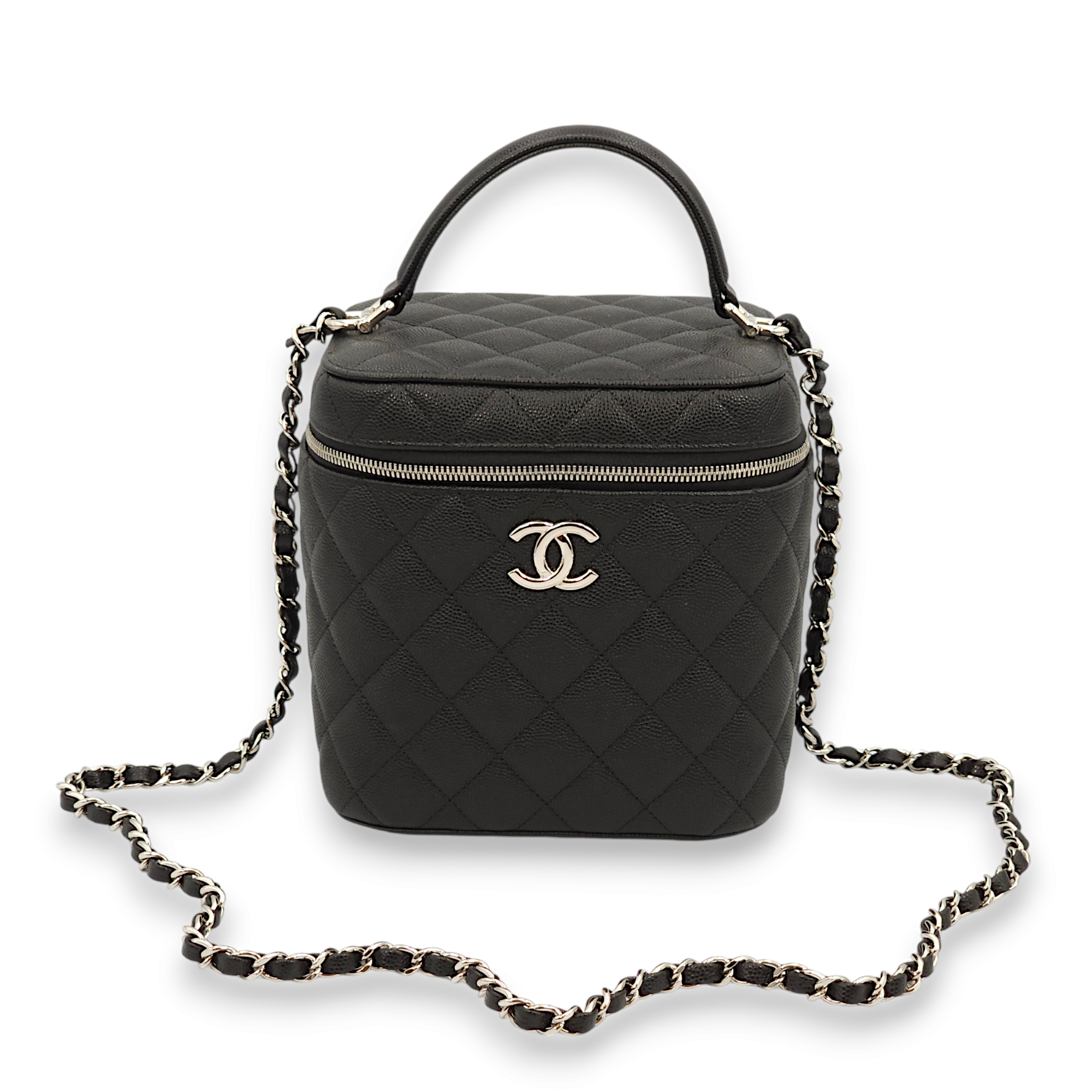 Quilted Black Vanity Bag in Caviar Leather, Palladium hardware