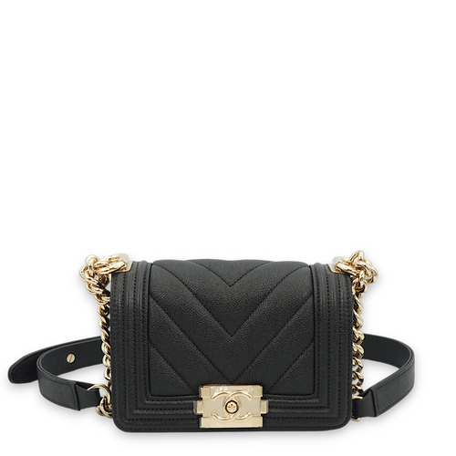 Le Boy Chevron Mini Black Shoulder Bag in Caviar Leather, Gold hardware