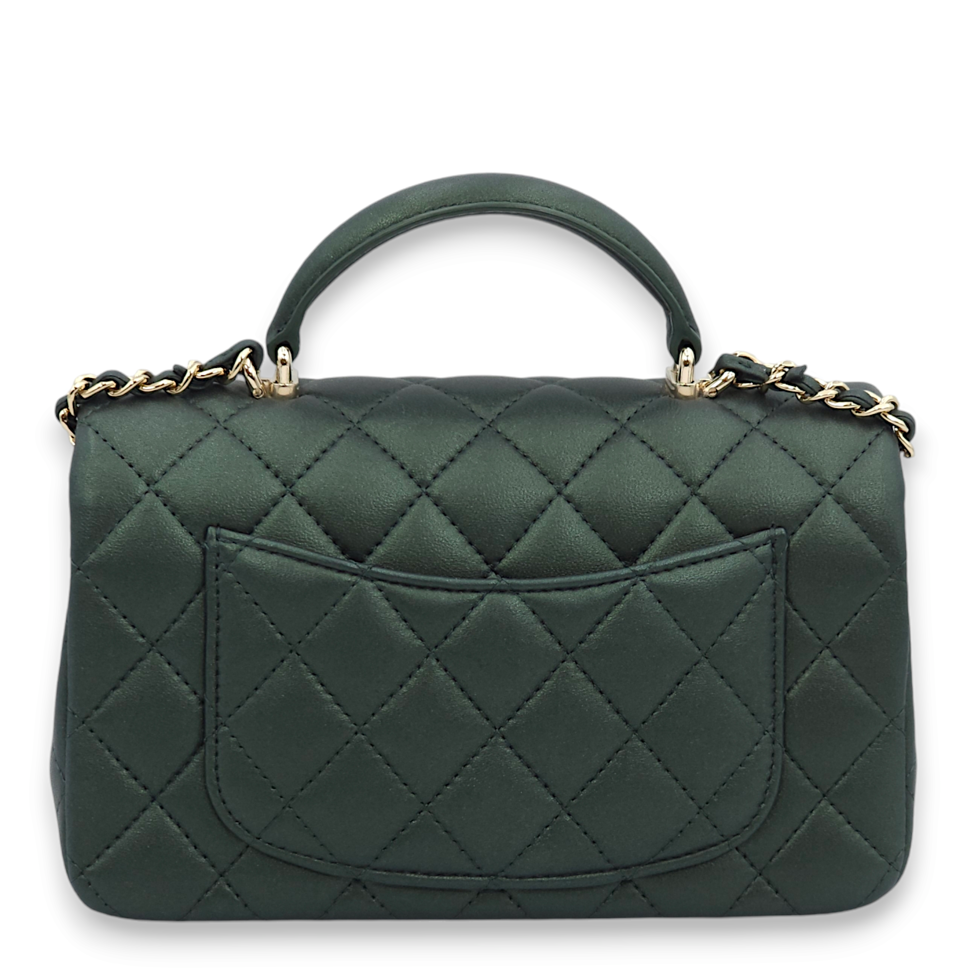 Quilted Rectangle Mini Iridescent Green Top Handle Bag in Lambskin, Gold hardware