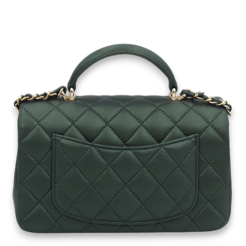 Quilted Rectangle Mini Iridescent Green Top Handle Bag in Lambskin, Gold hardware