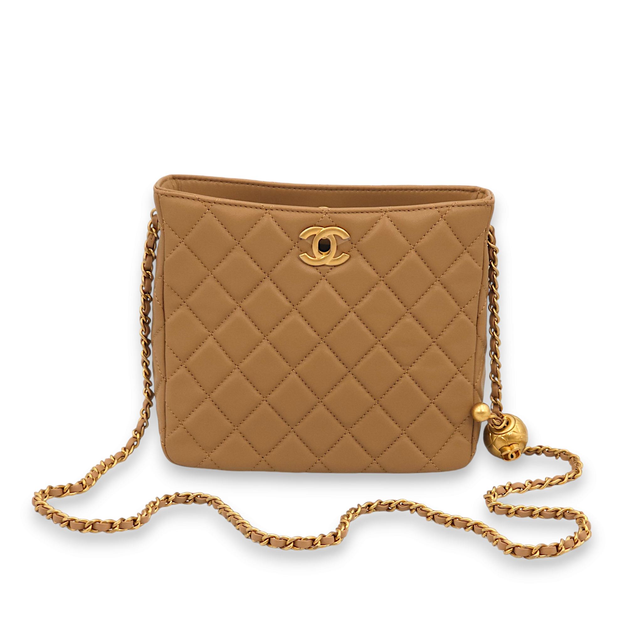 Quilted Pearl Crush Hobo Caramel Shoulder Bag in Lambskin, Gold hardware