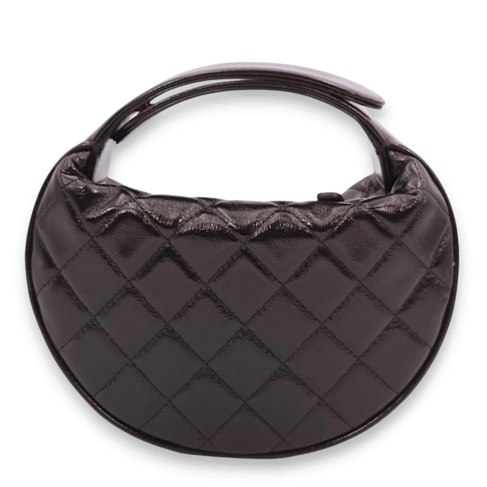 Quilted Round Mini Black Top Handle Bag in Calfskin, Gold hardware