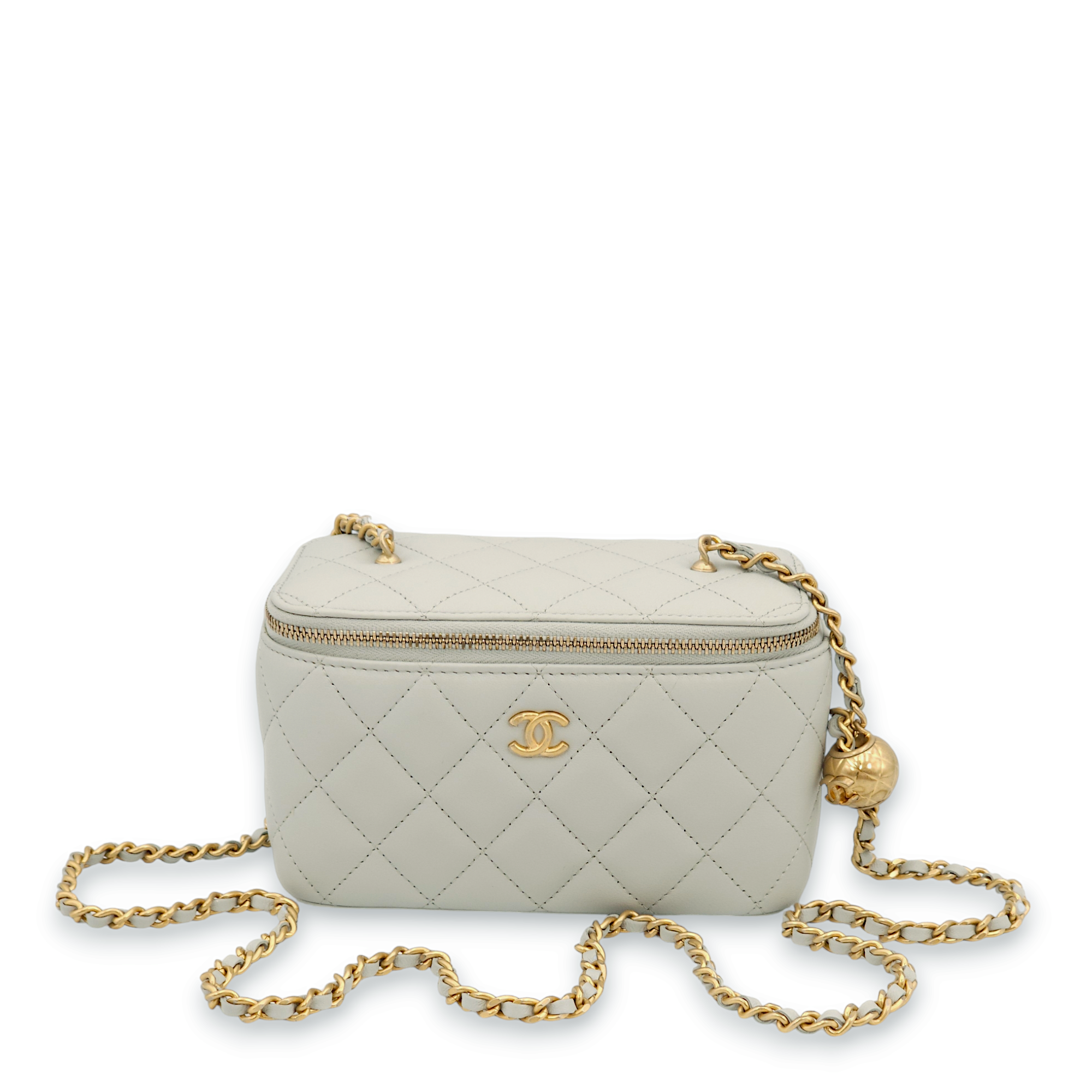 Quilted Vanity Mini Grey Top Handle Bag in Lambskin, Gold hardware