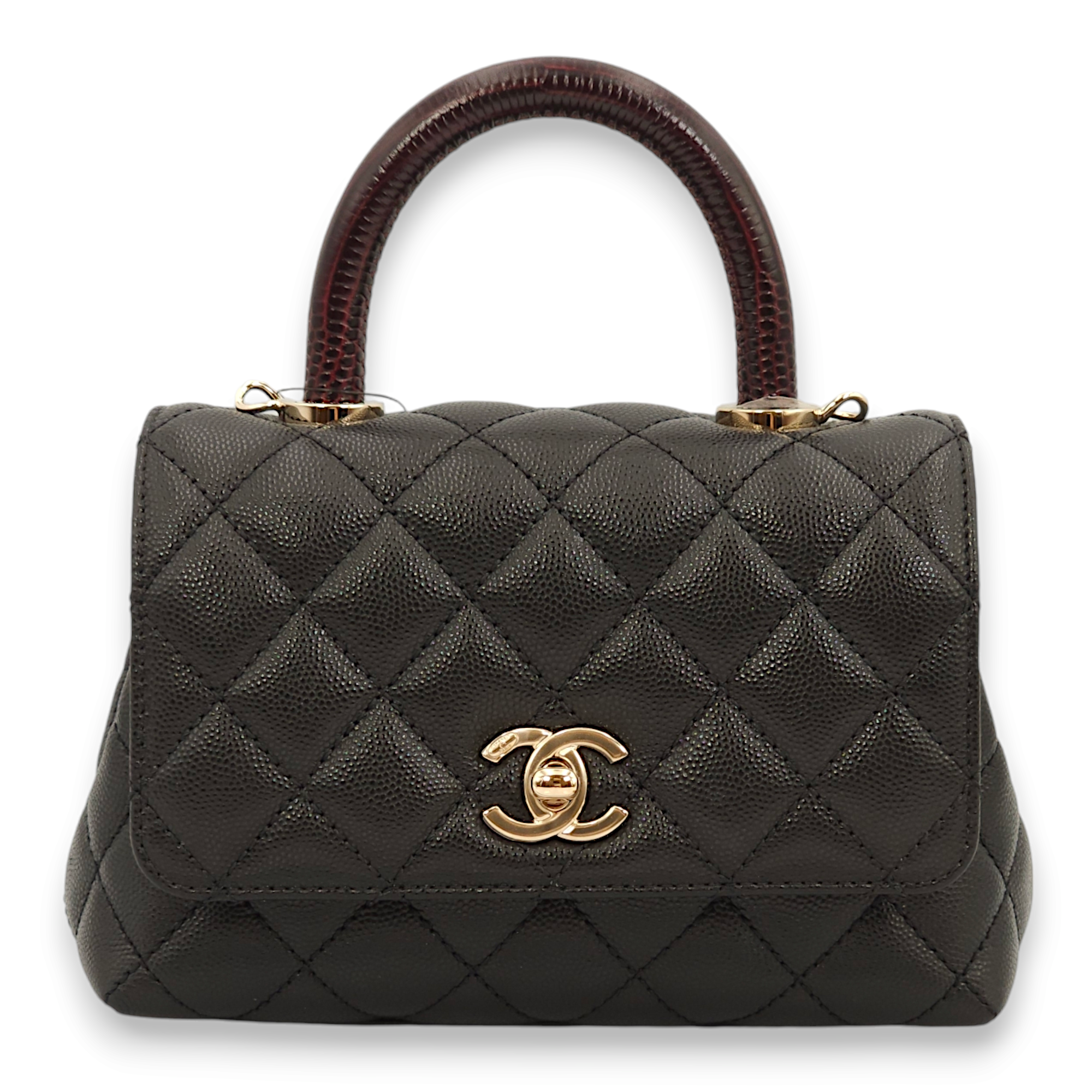 Quilted Coco Handle (19cm) Mini Black/Burgundy Handle Top Handle Bag in Caviar Leather, Gold hardware