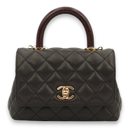 Quilted Coco Handle (19cm) Mini Black/Burgundy Handle Top Handle Bag in Caviar Leather, Gold hardware