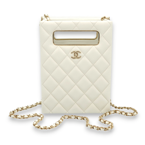 Quilted Vertical Evening Chain White Crossbody Bag in Caviar Leather, Gold hardware