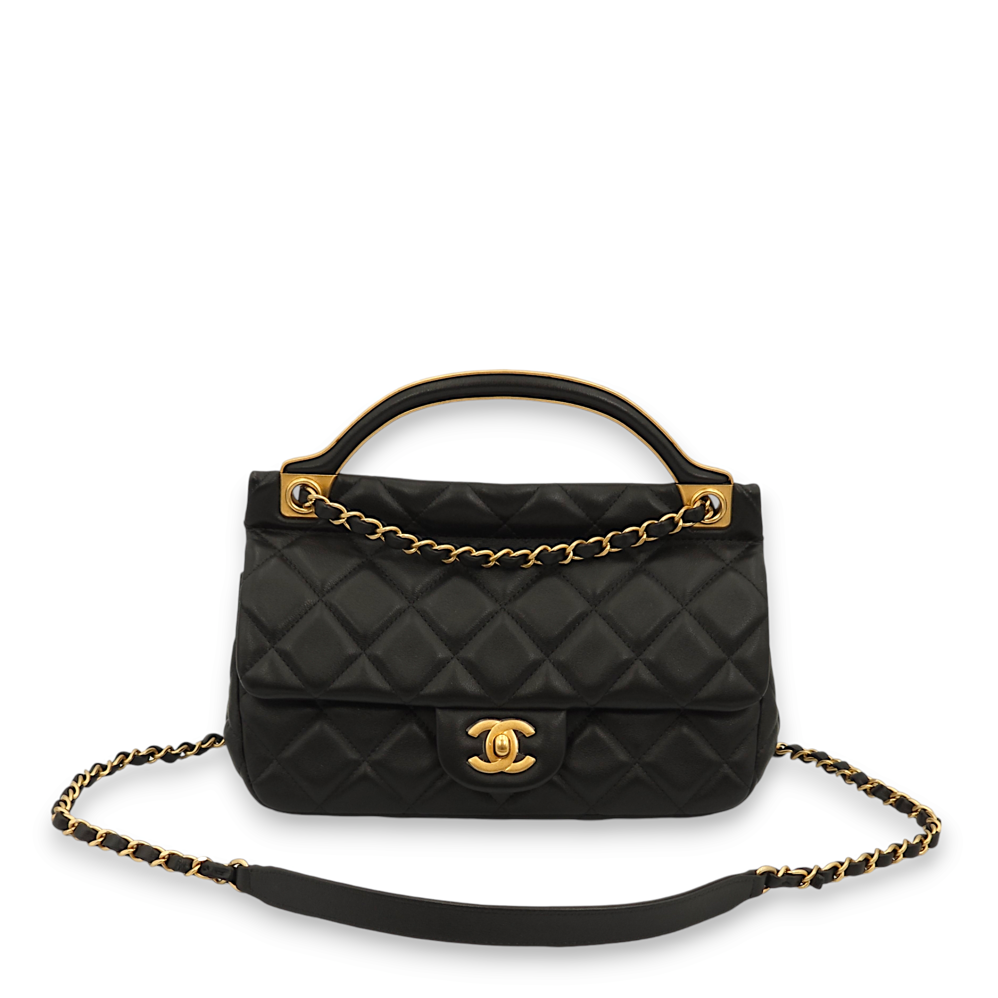 Seasonal Quilted Black Top Handle Bag in Lambskin, Gold hardware