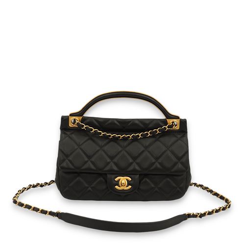 Seasonal Quilted Black Top Handle Bag in Lambskin, Gold hardware