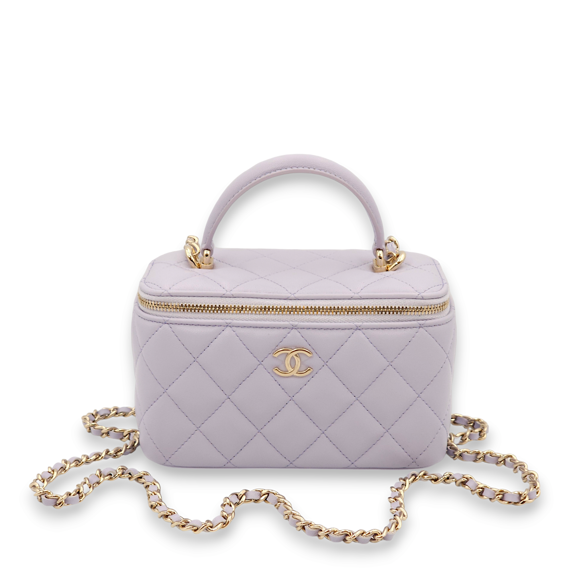 Quilted Vanity Mini Lilac Top Handle Bag in Lambskin, Gold hardware