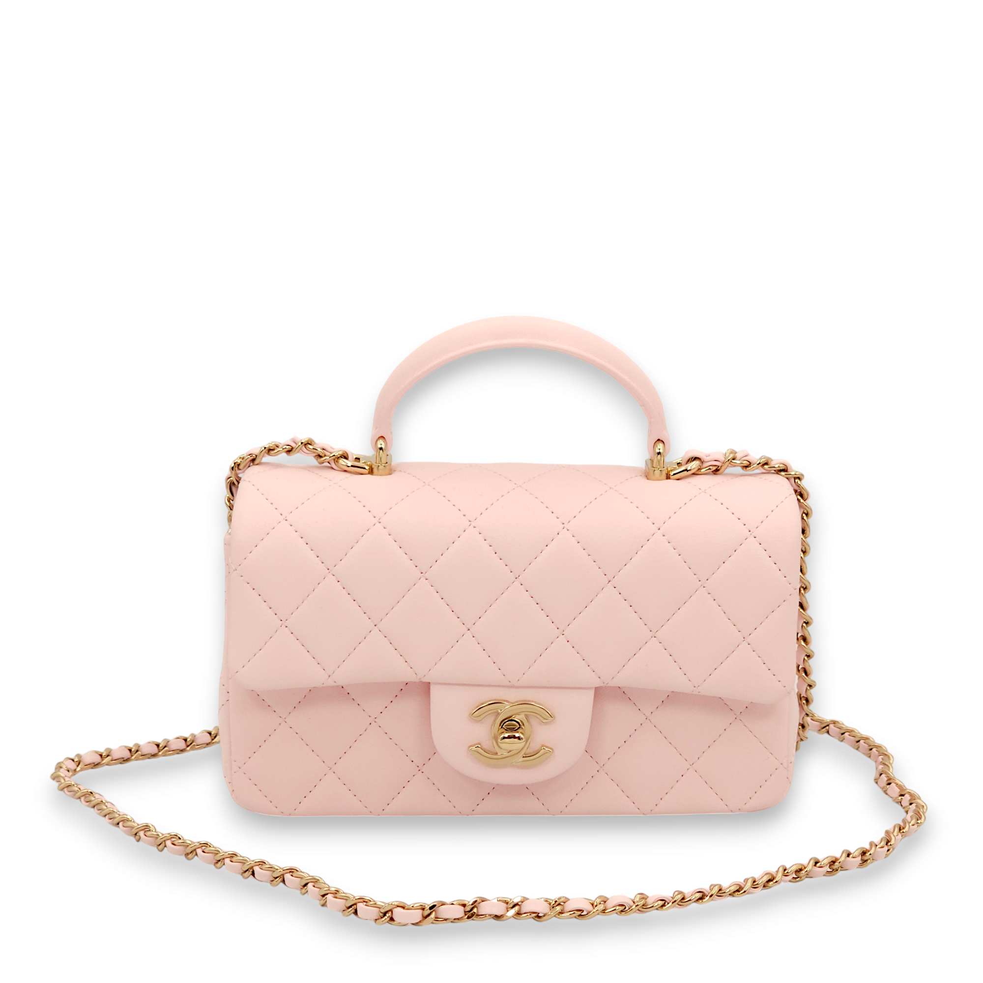 Classic Rectangle Mini Pastel pink Top Handle Bag in Lambskin, Gold hardware