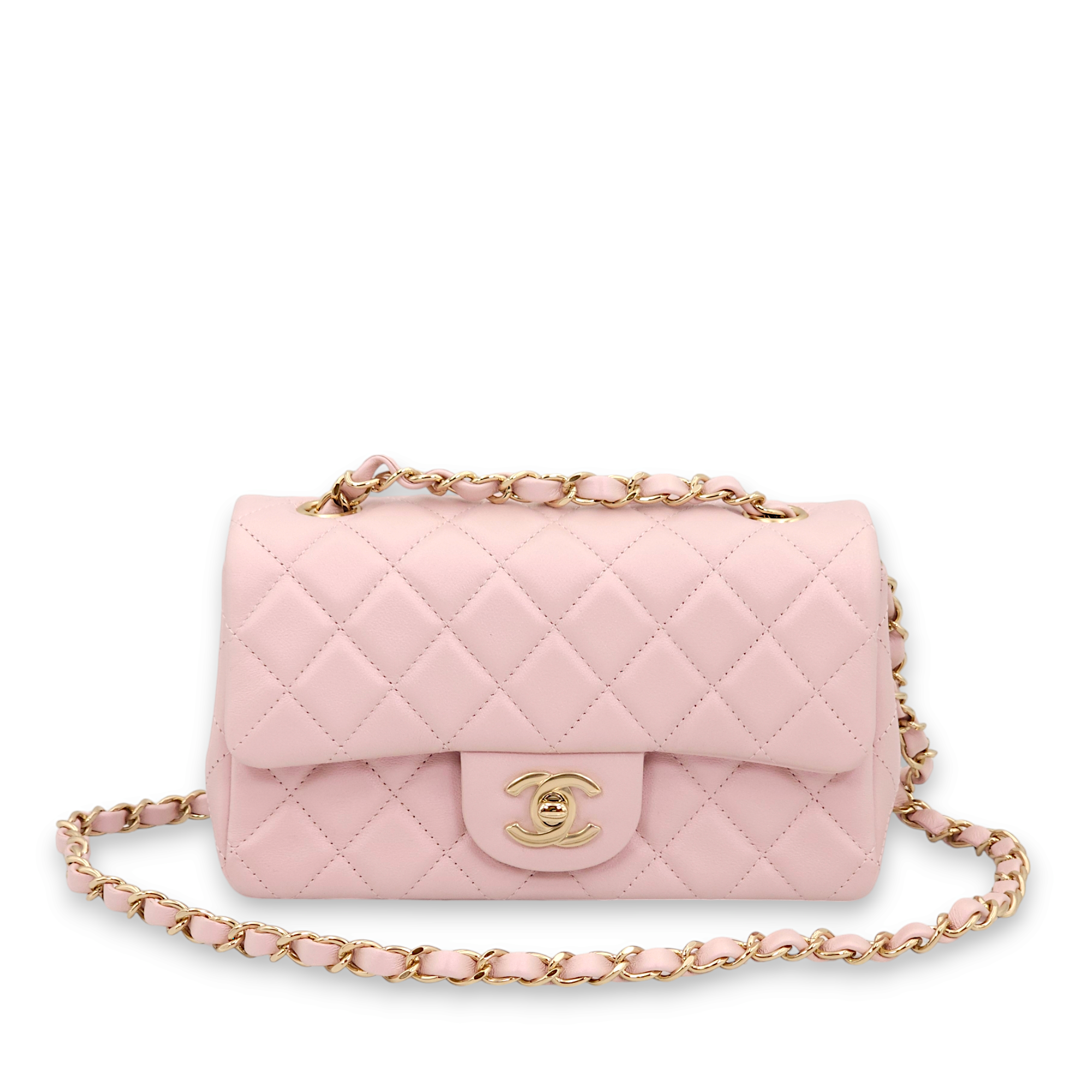 Classic Rectangle Mini Pearly Pink Shoulder Bag in Calfskin, Gold hardware