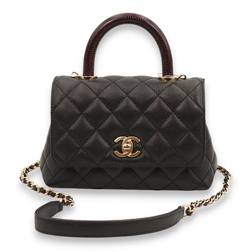 Quilted Coco Handle (19cm) Mini Black/Burgundy Handle Top Handle Bag in Caviar Leather, Gold hardware