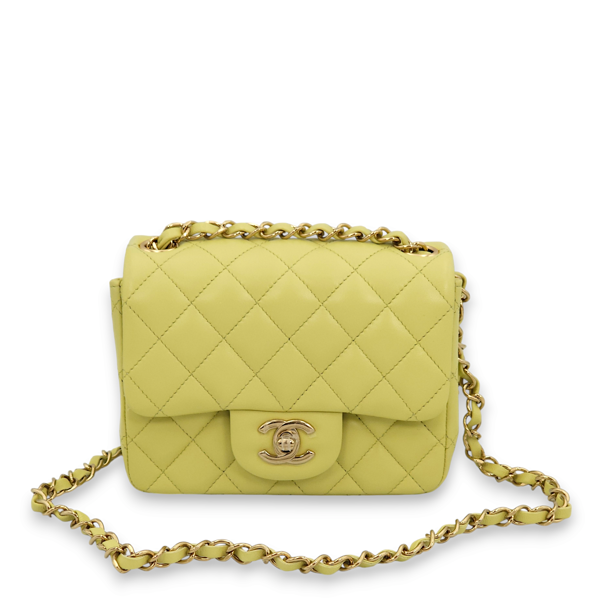 Classic Square Mini Lime Green Shoulder Bag in Lambskin, Gold hardware