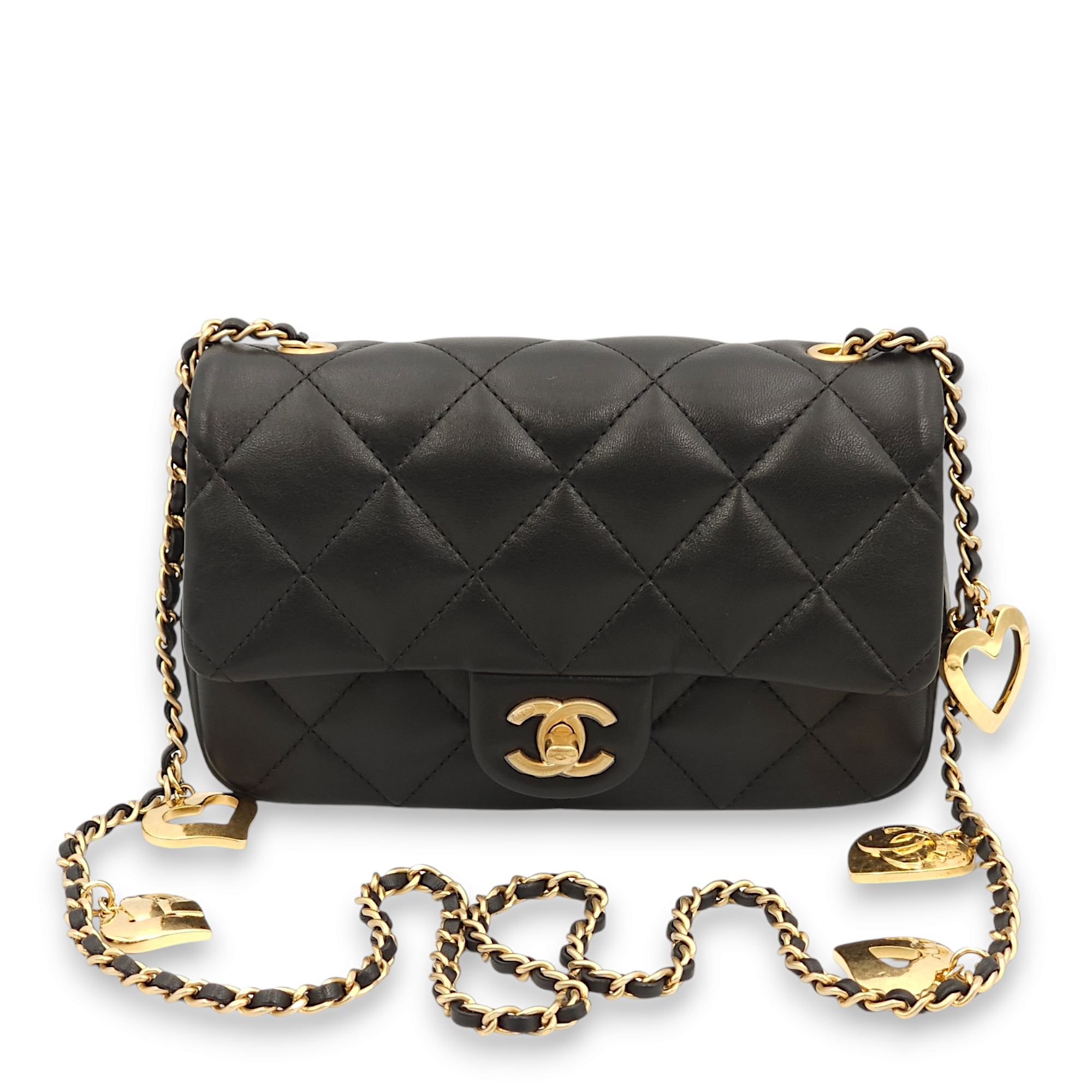 Chanel Seasonal Flap with Open Heart charms Black Shoulder Bag in Lambskin, Gold hardware