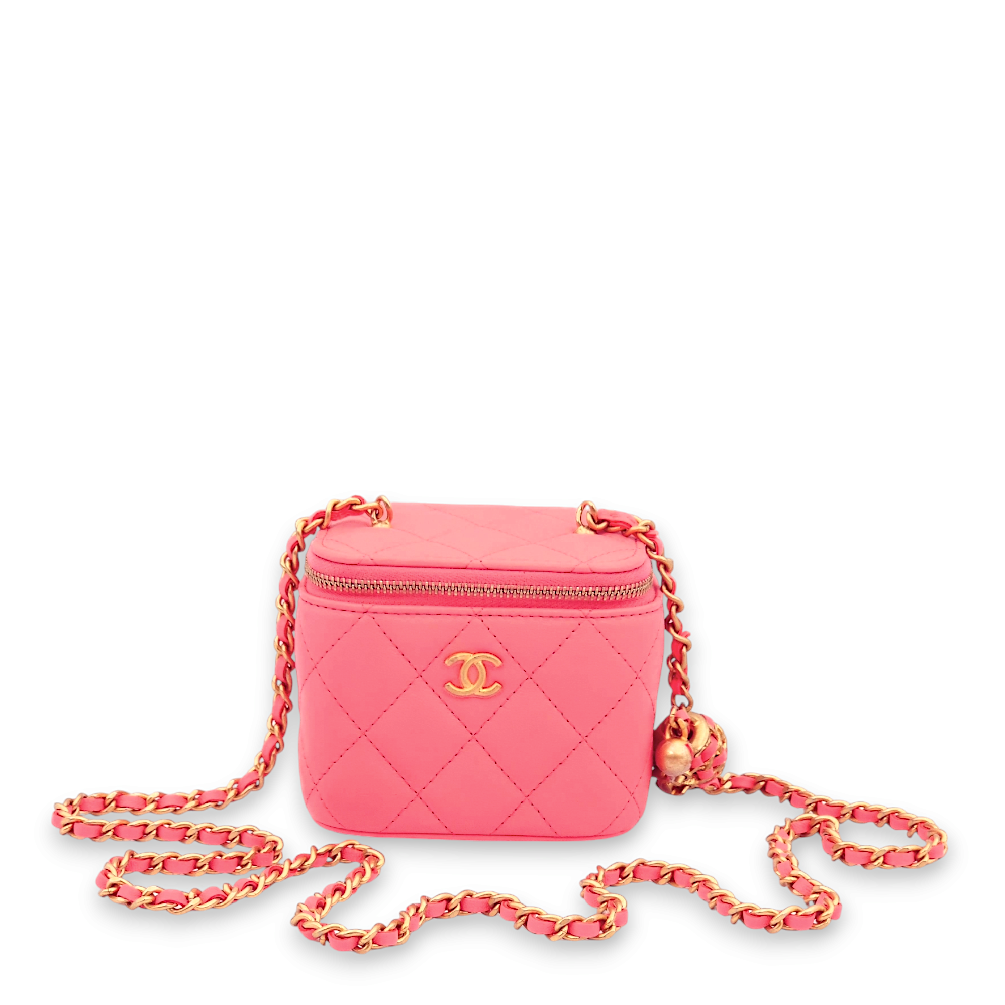 Quilted Pearl Crush Mini Pink Vanity Bag in Lambskin, Gold hardware