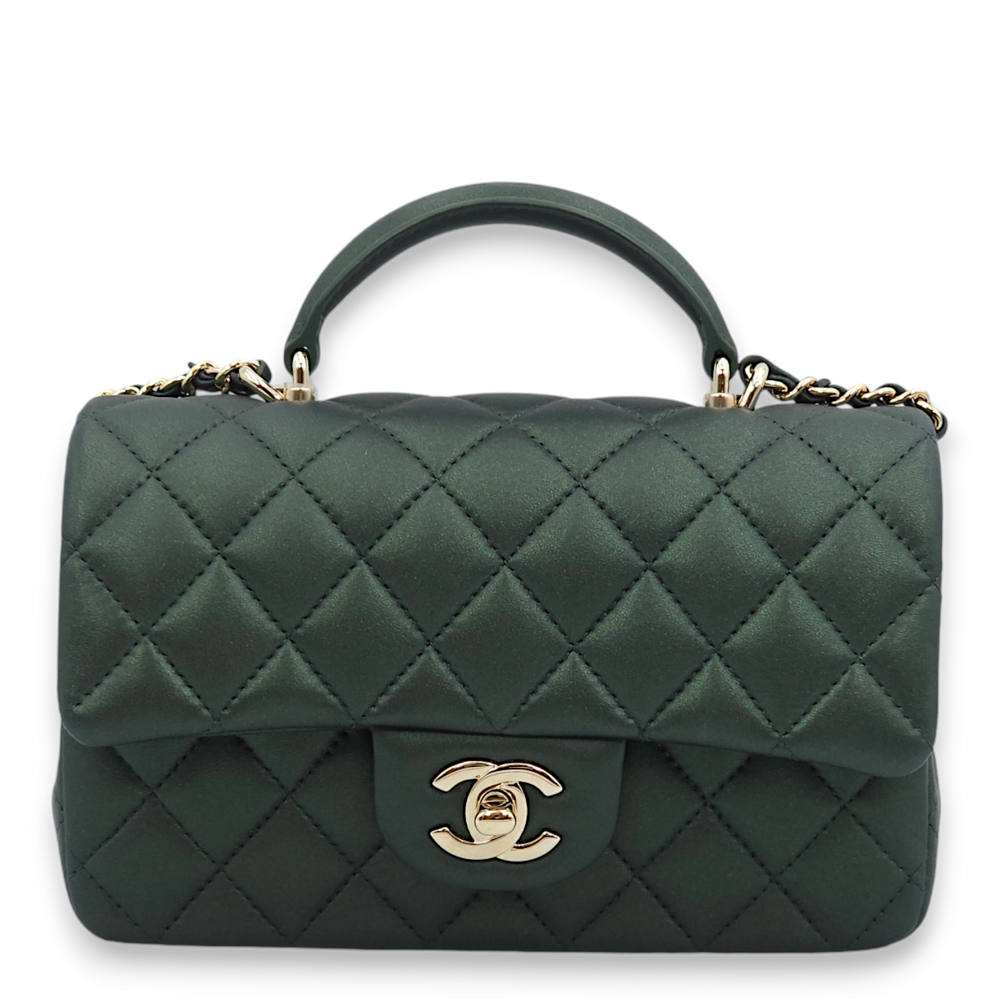 Quilted Rectangle Mini Iridescent Green Top Handle Bag in Lambskin, Gold hardware