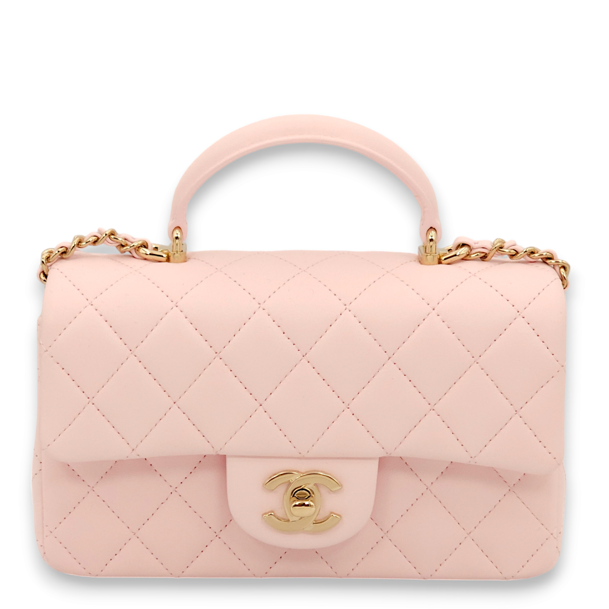 Classic Rectangle Mini Pastel pink Top Handle Bag in Lambskin, Gold hardware