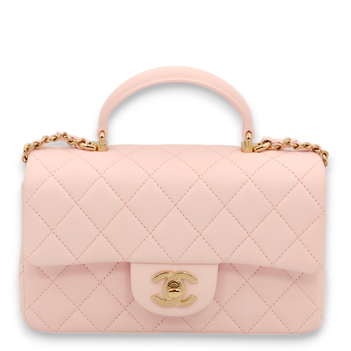 Classic Rectangle Mini Pastel pink Top Handle Bag in Lambskin, Gold hardware