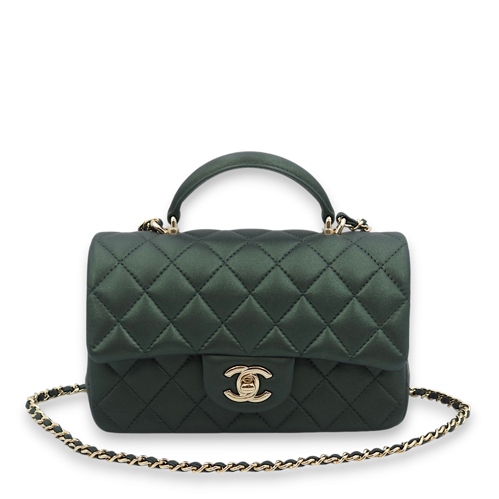 Quilted Rectangle Mini Iridescent Green Top Handle Bag in Lambskin, Gold hardware