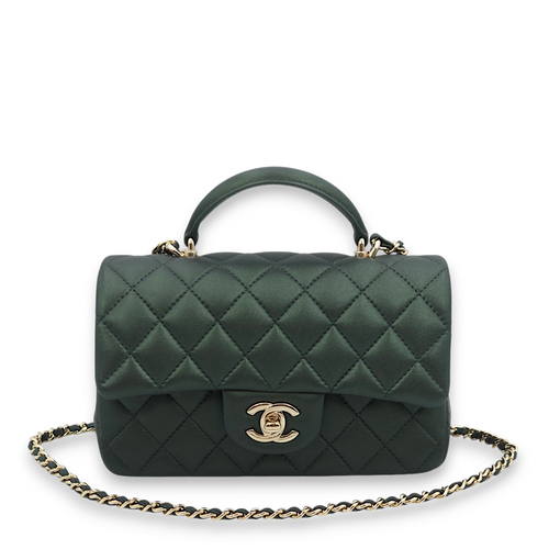 Quilted Rectangle Mini Iridescent Green Top Handle Bag in Lambskin, Gold hardware