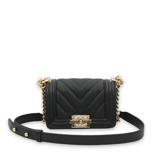 Le Boy Chevron Mini Black Shoulder Bag in Caviar Leather, Gold hardware