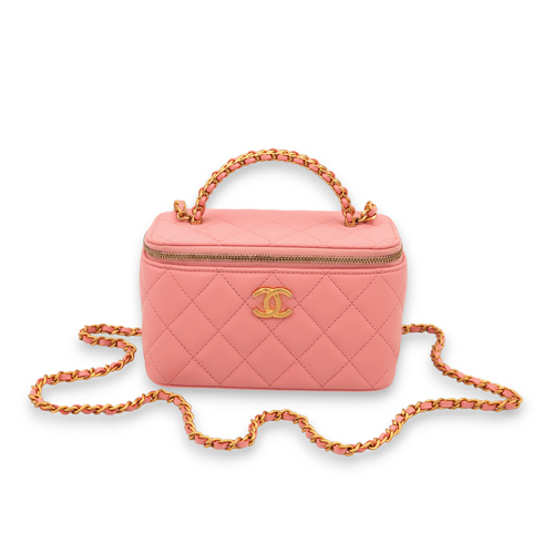 Vanity (Rectangle) Mini Pink Top Handle Bag in Lambskin, Gold hardware