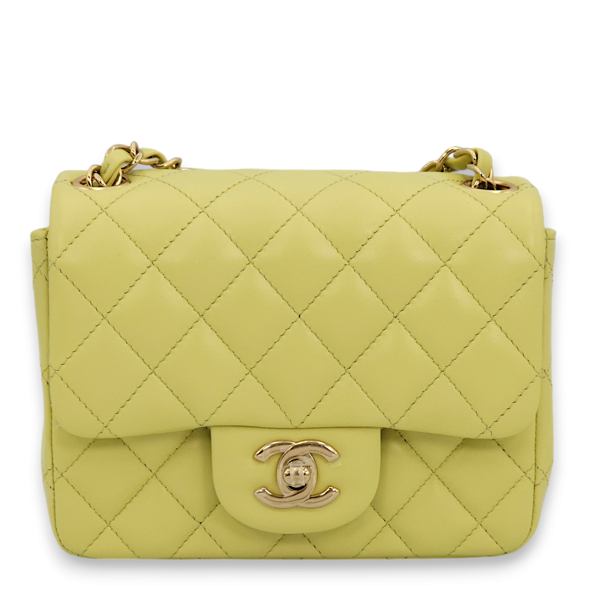 Classic Square Mini Lime Green Shoulder Bag in Lambskin, Gold hardware