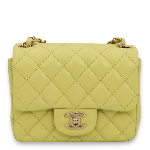 Classic Square Mini Lime Green Shoulder Bag in Lambskin, Gold hardware