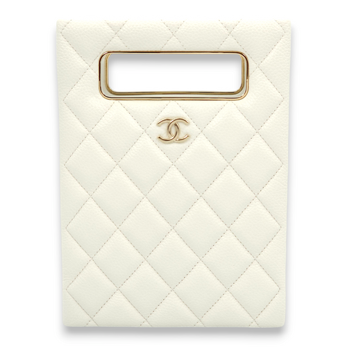 Quilted Vertical Evening Chain White Crossbody Bag in Caviar Leather, Gold hardware