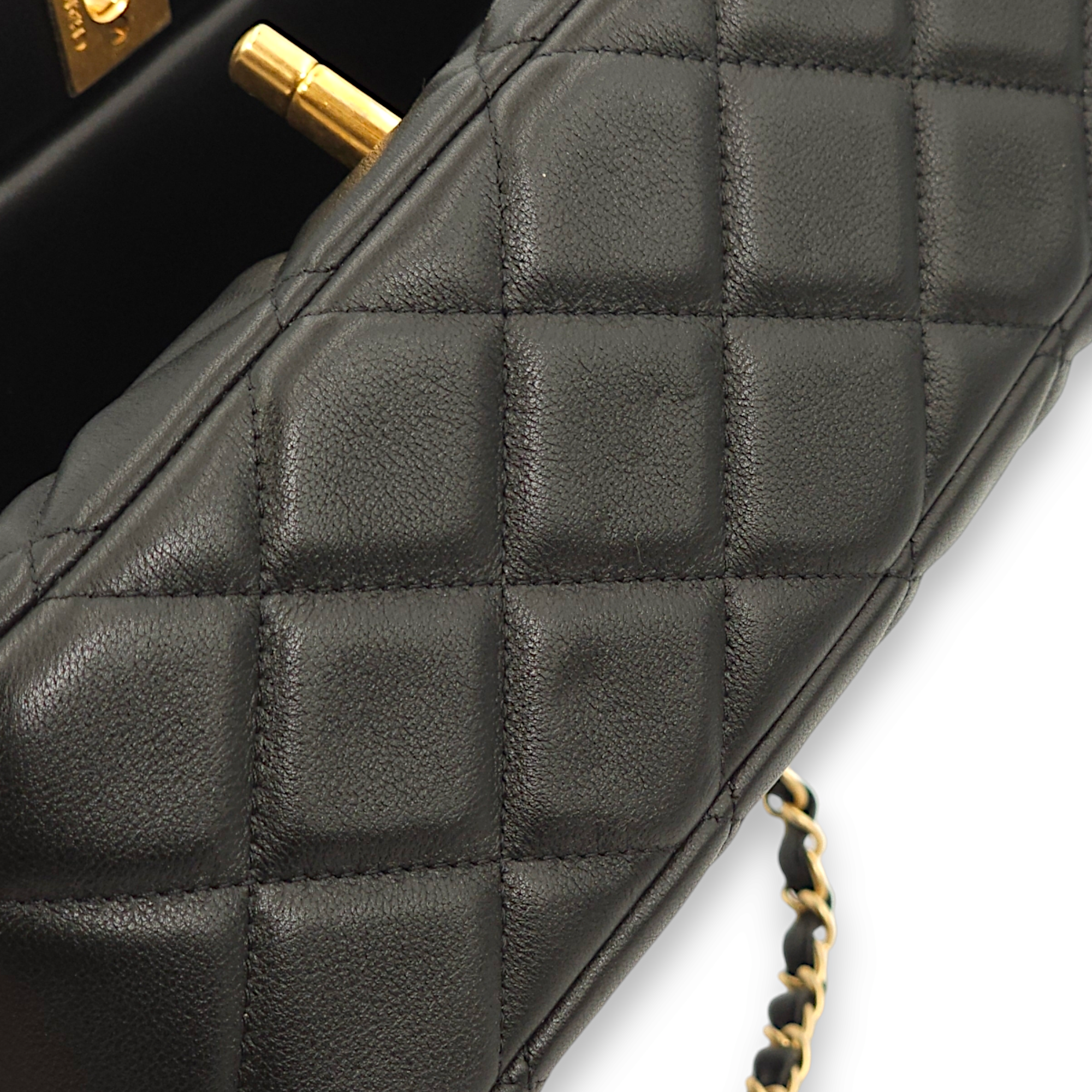 Seasonal Quilted Black Top Handle Bag in Lambskin, Gold hardware