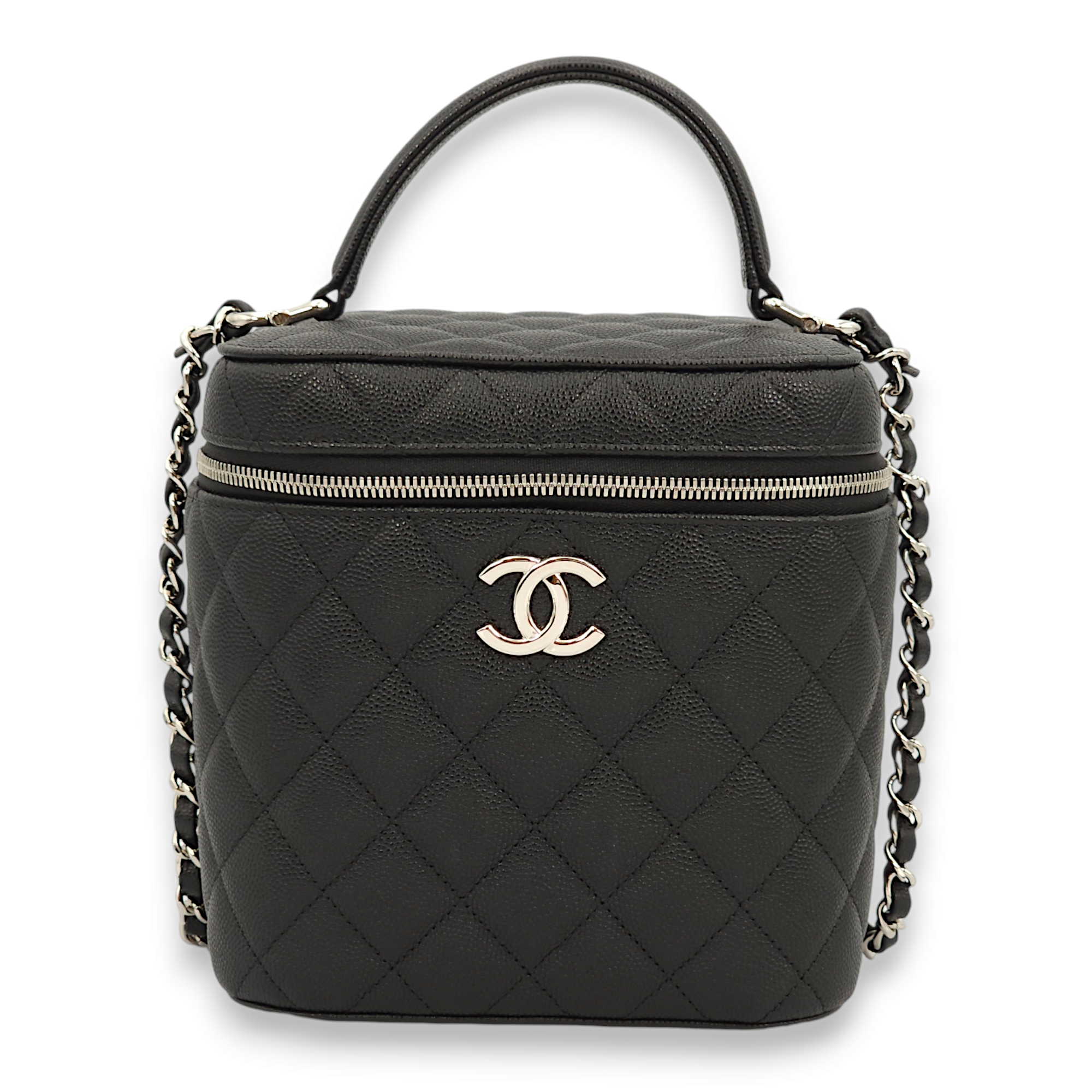 Quilted Black Vanity Bag in Caviar Leather, Palladium hardware