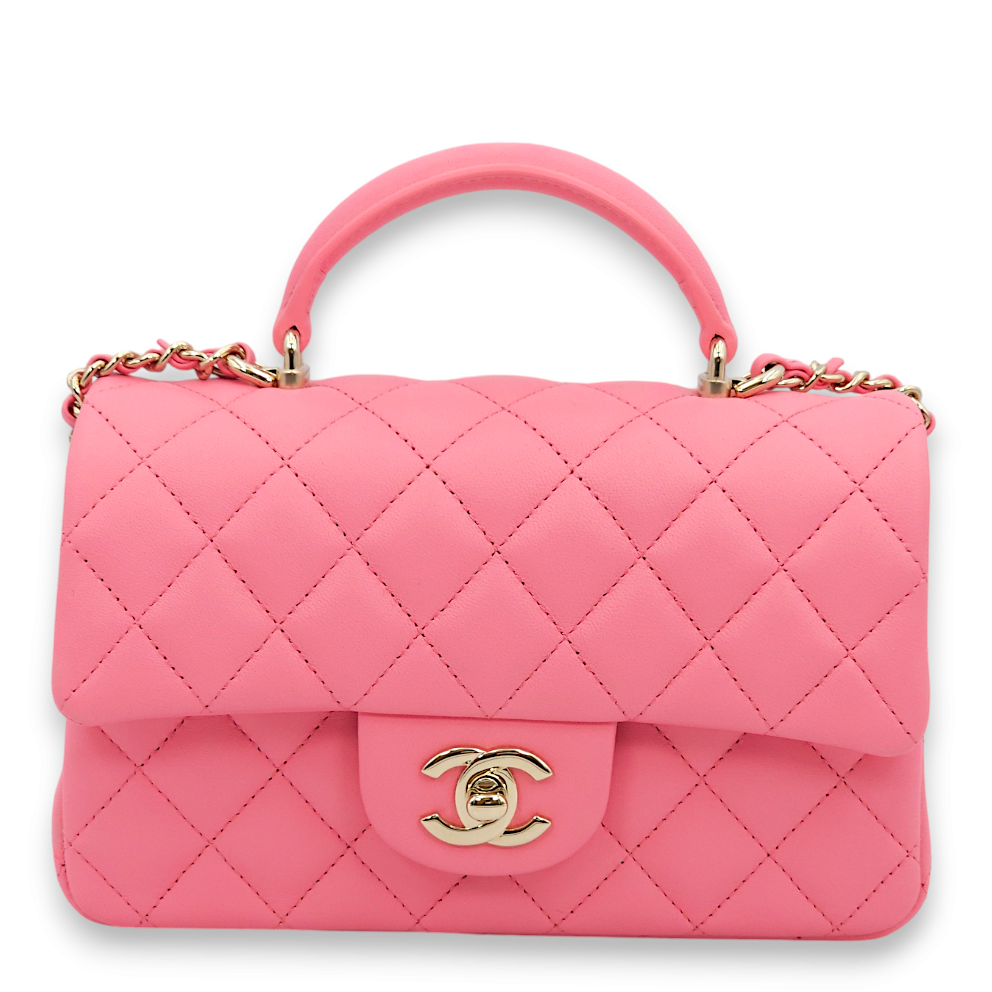 Rectangle (Quilted) Mini Pink Top Handle Bag in Lambskin, Gold hardware