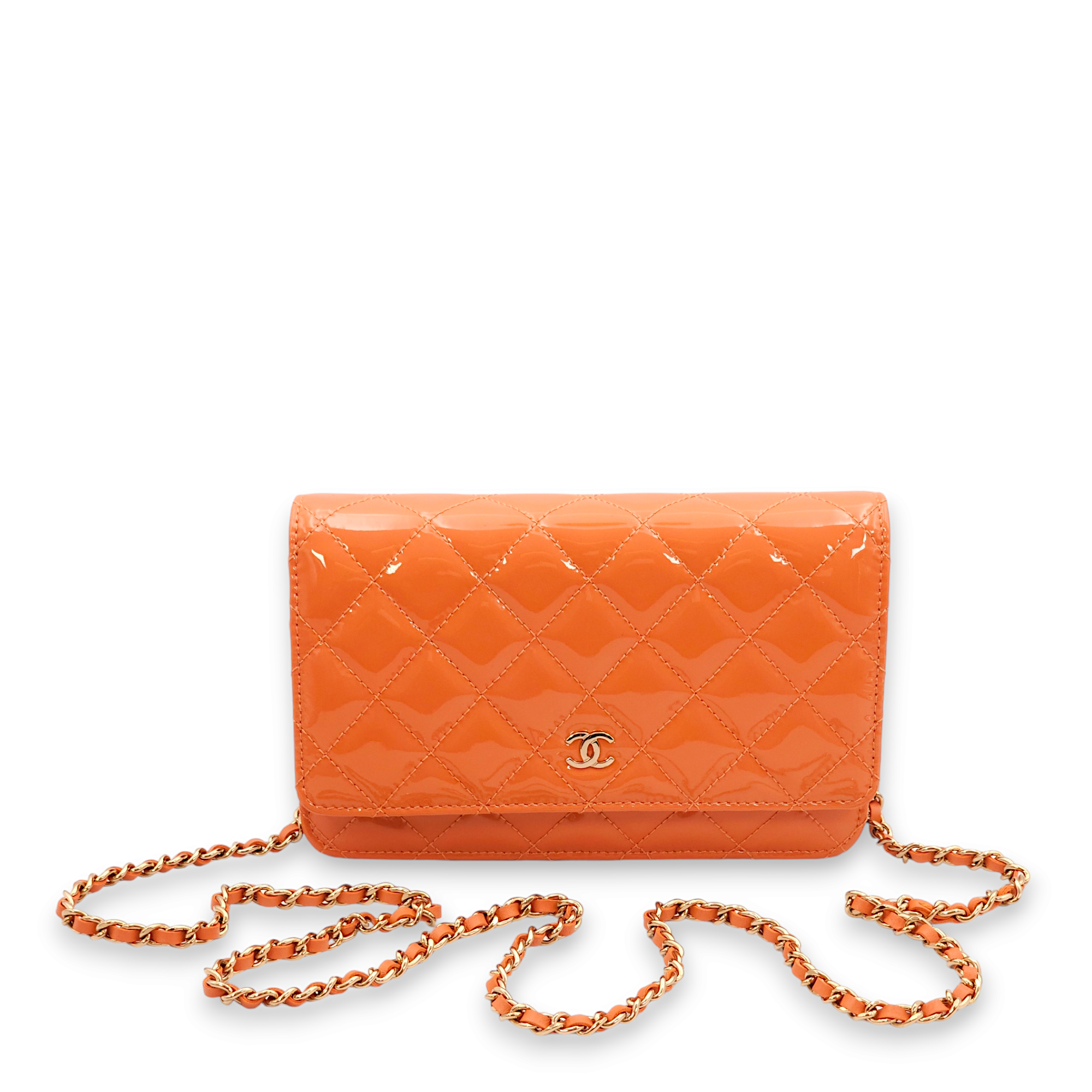 Classic Orange Wallet On Chain in Patent Leather, Gold hardware