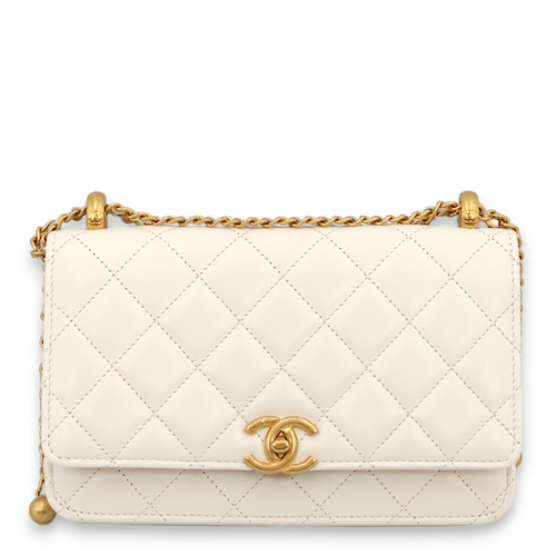 Double Pearl Crush White Wallet On Chain in Lambskin, Gold hardware