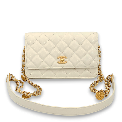 Quilted White Wallet On Chain in Caviar Leather, Gold hardware