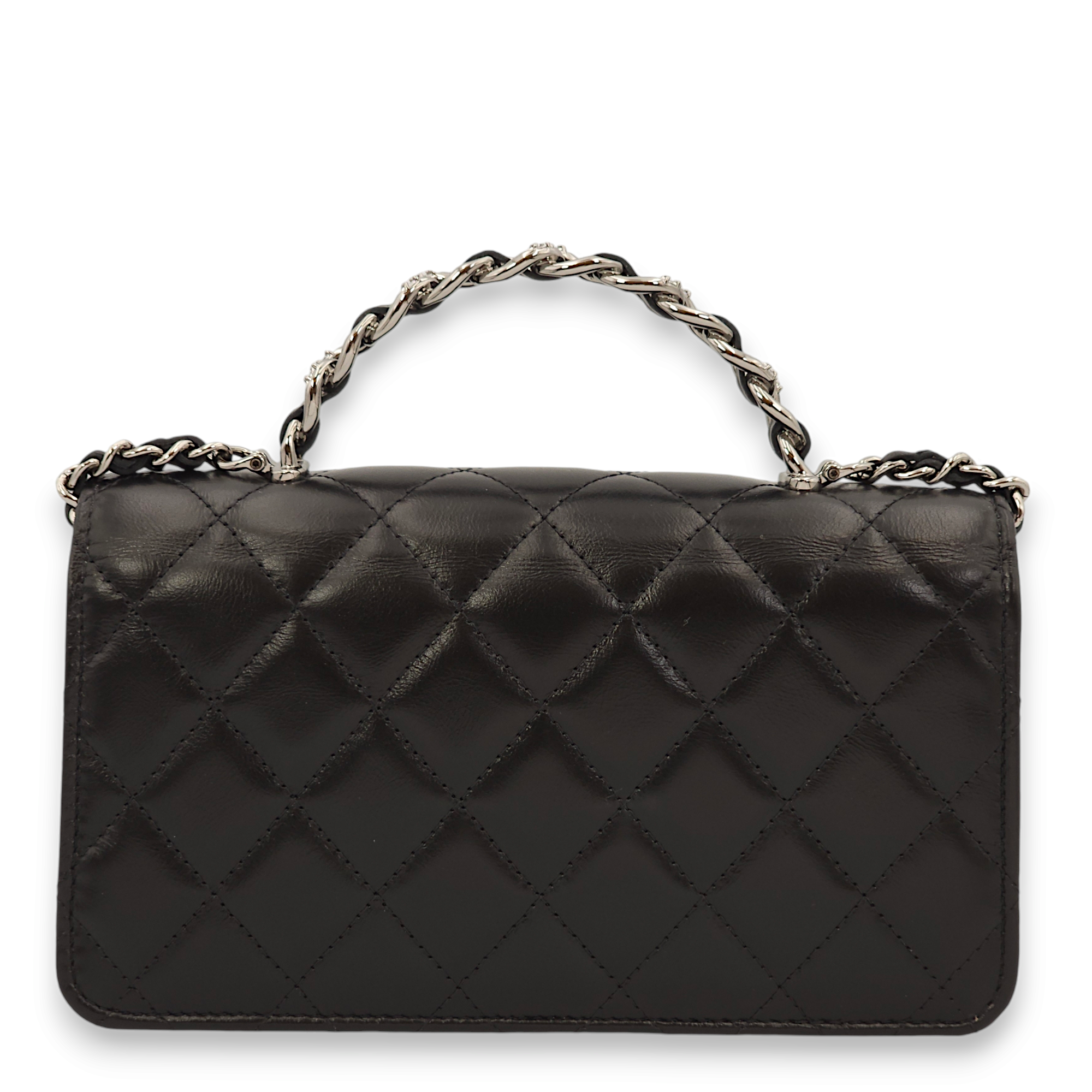 Quilted Seasonal Mini Black Top Handle Bag in Lambskin, Palladium hardware