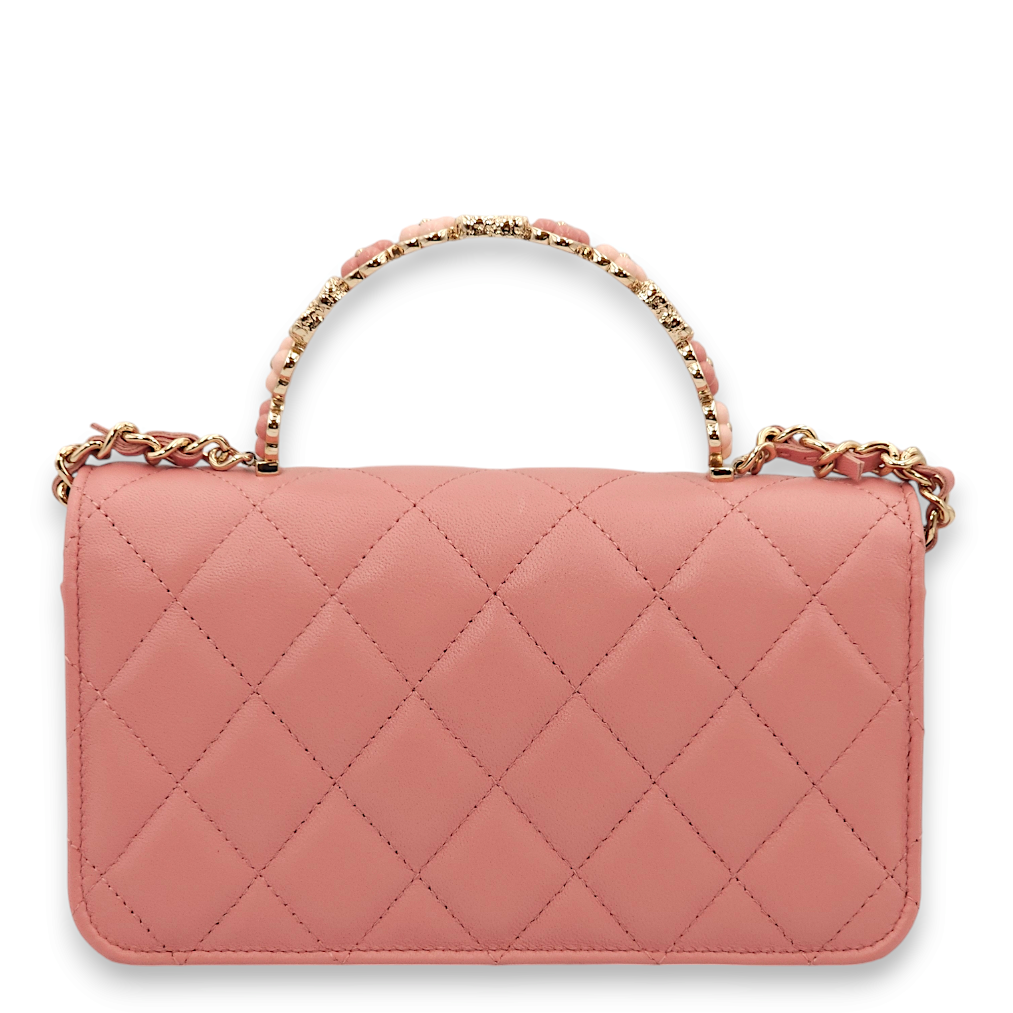 Clutch On Chain Pink Top Handle Bag in Lambskin, Gold hardware