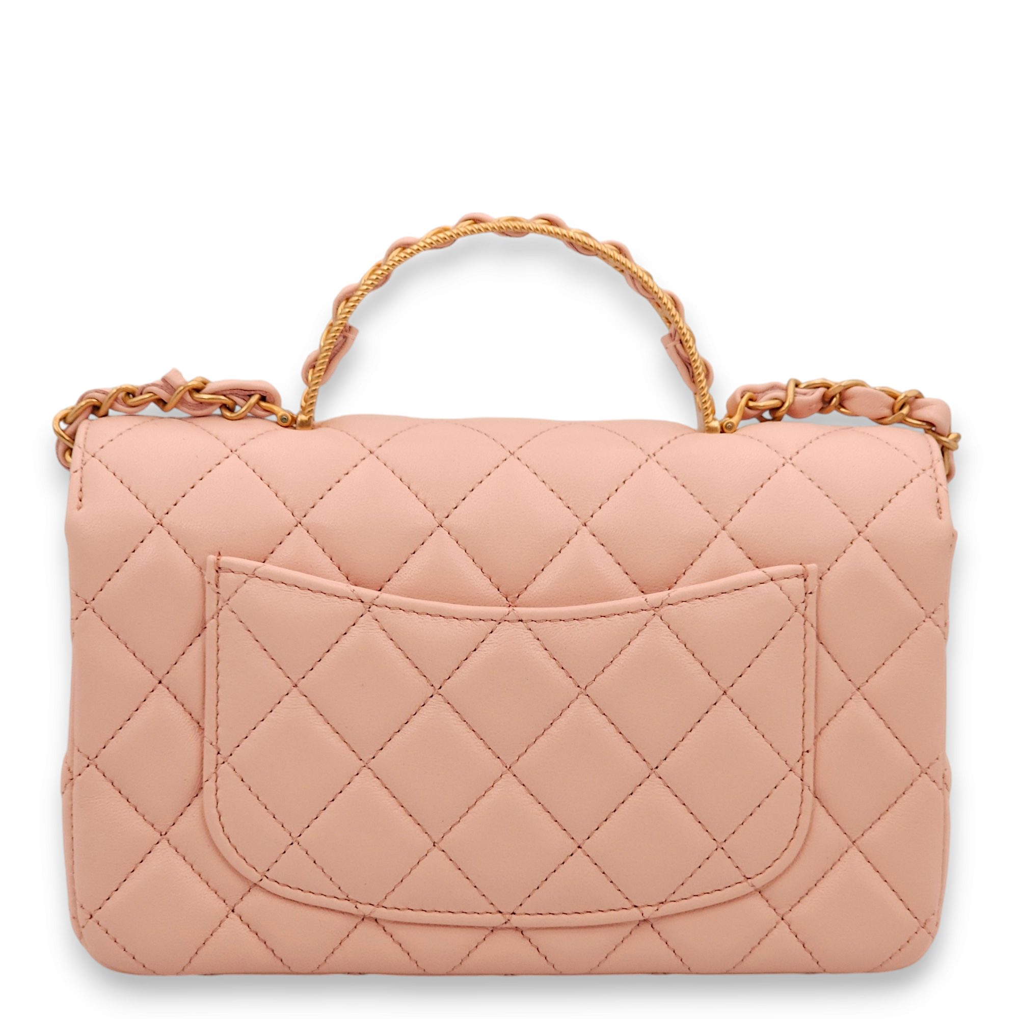 Quilted Mini Pink Top Handle Bag in Lambskin, Gold hardware