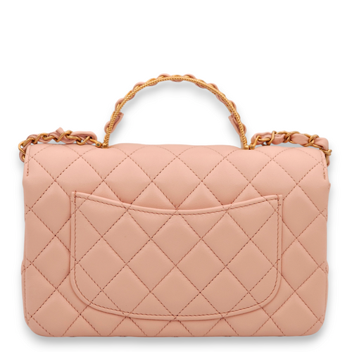 Quilted Mini Pink Top Handle Bag in Lambskin, Gold hardware