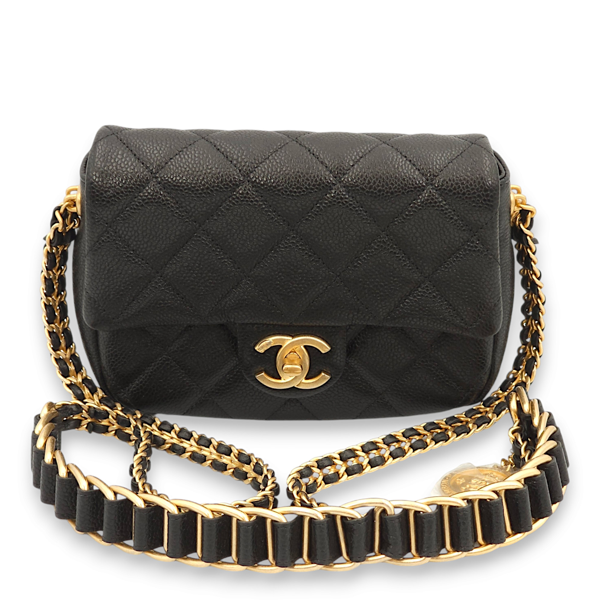 Quilted Seasonal Flap with Coco Medallion Charm Black Crossbody Bag in Caviar Leather, Gold hardware