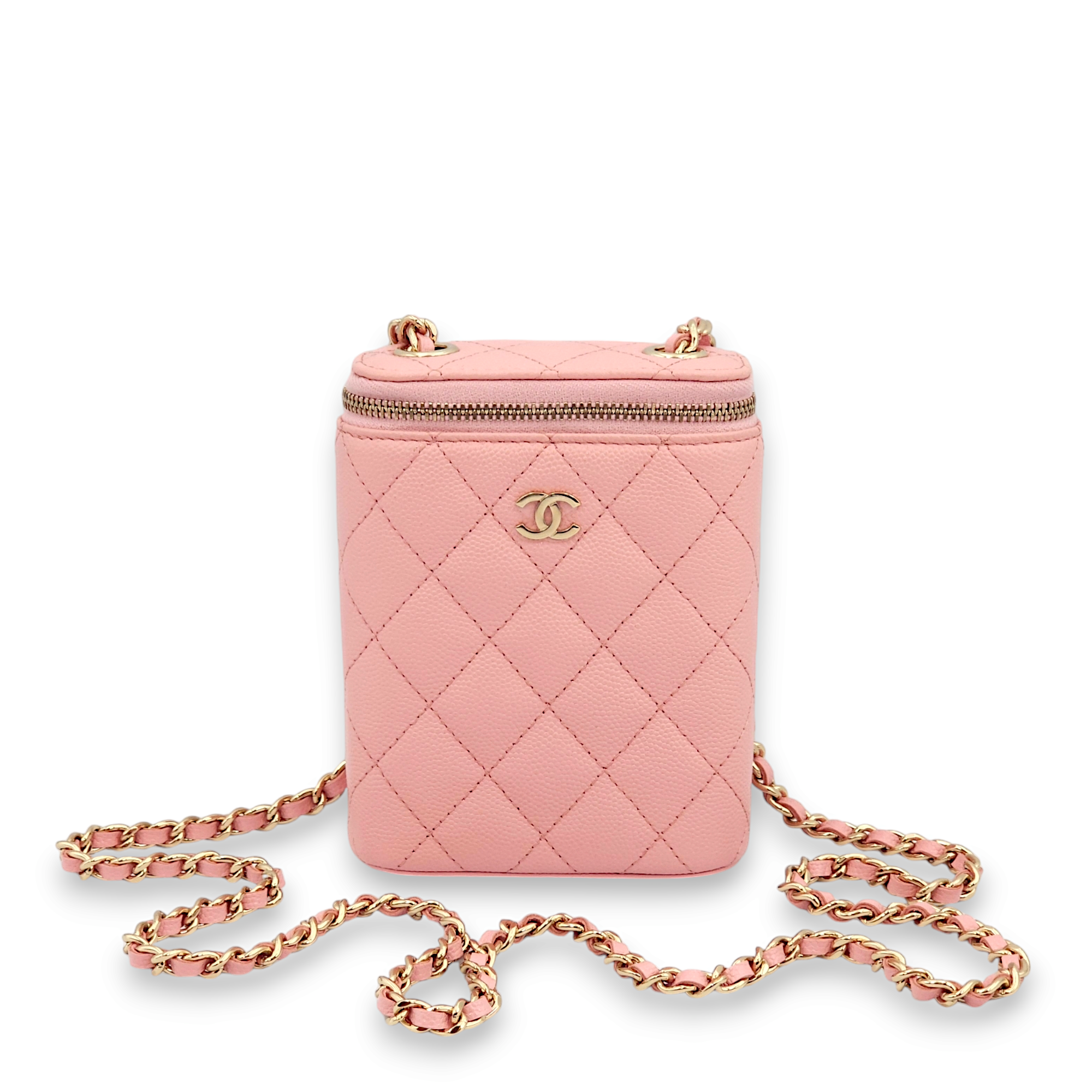 Quilted Vertical Mini Pink Vanity Bag in Caviar Leather, Gold hardware