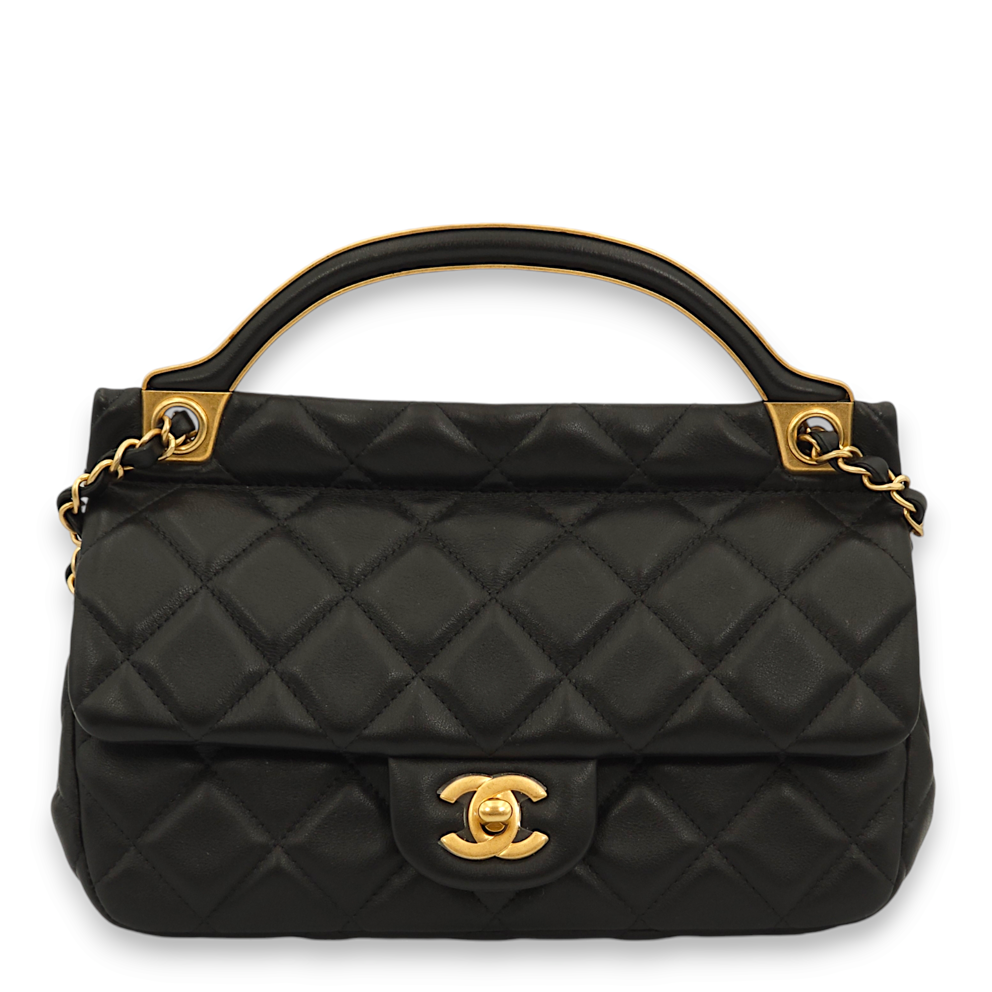 Seasonal Quilted Black Top Handle Bag in Lambskin, Gold hardware