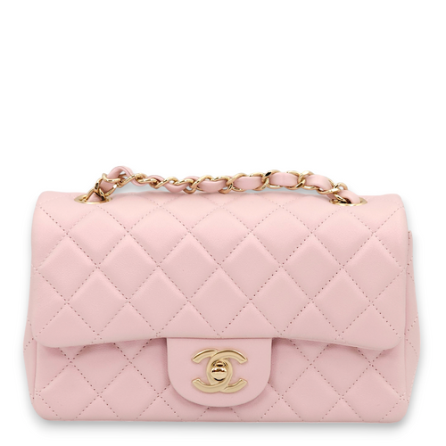 Classic Rectangle Mini Pearly Pink Shoulder Bag in Calfskin, Gold hardware