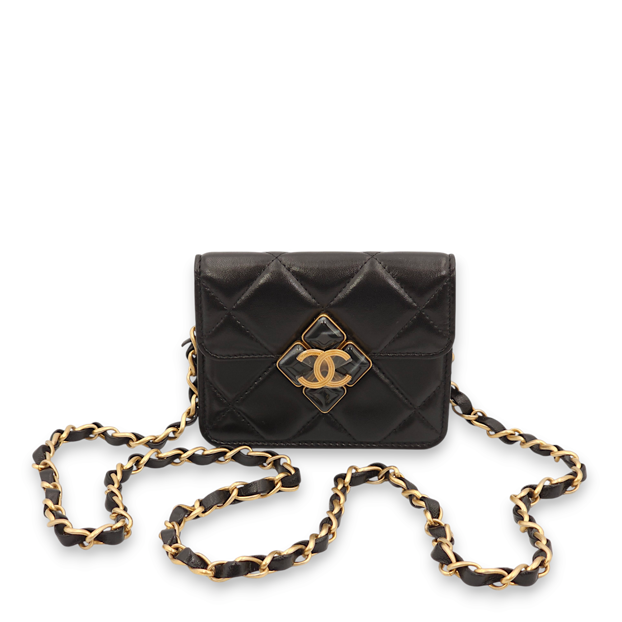 Diamond Clasp Black Crossbody Bag in Calfskin, Gold hardware