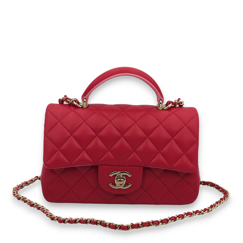 Rectangle (Quilted) Mini Rose Fince / Rose Clair Top Handle Bag in Lambskin, Gold hardware