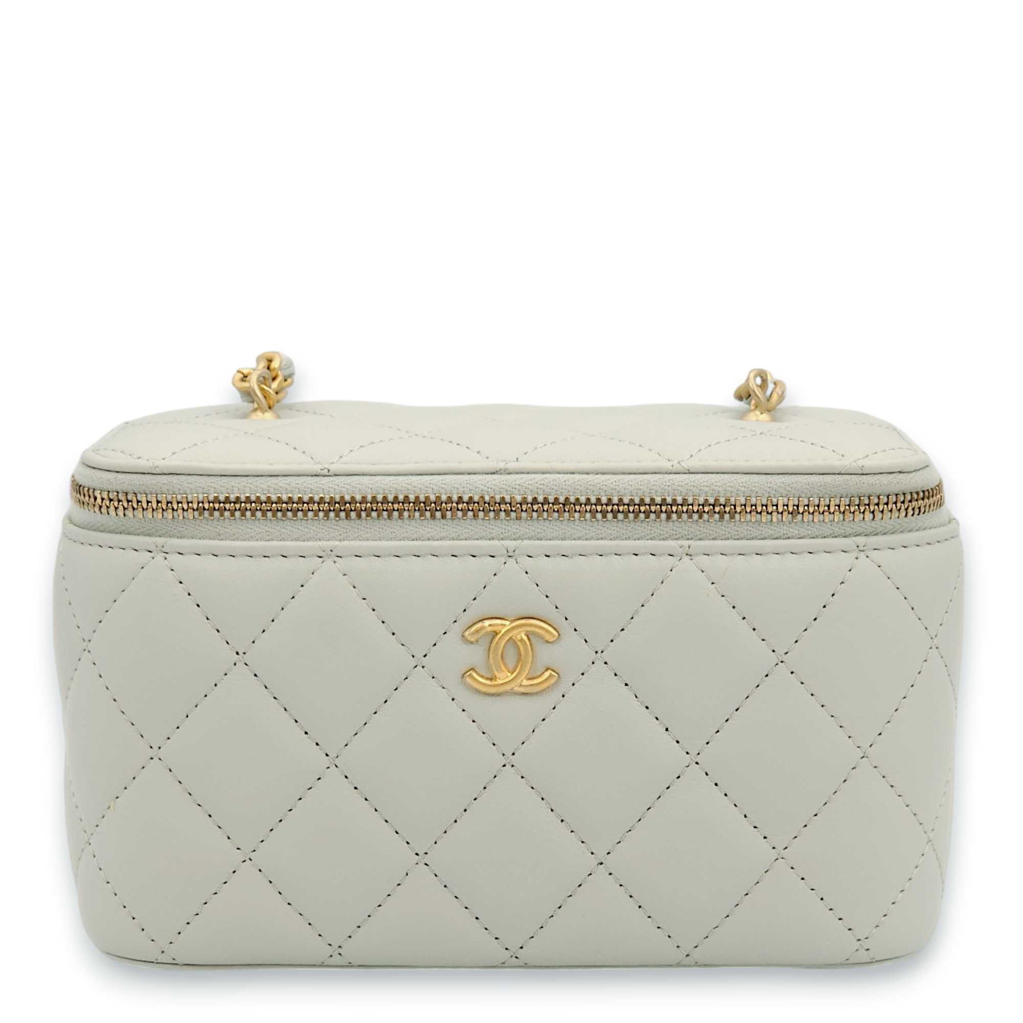 Quilted Vanity Mini Grey Top Handle Bag in Lambskin, Gold hardware