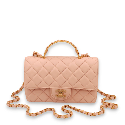 Quilted Mini Pink Top Handle Bag in Lambskin, Gold hardware